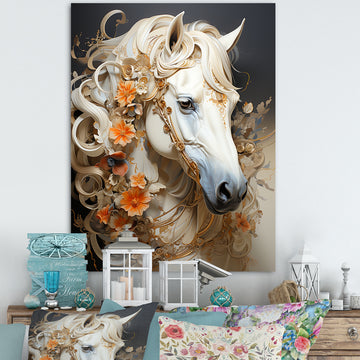 Floral Golden Feminine Horse - Beige Horse Wall Art